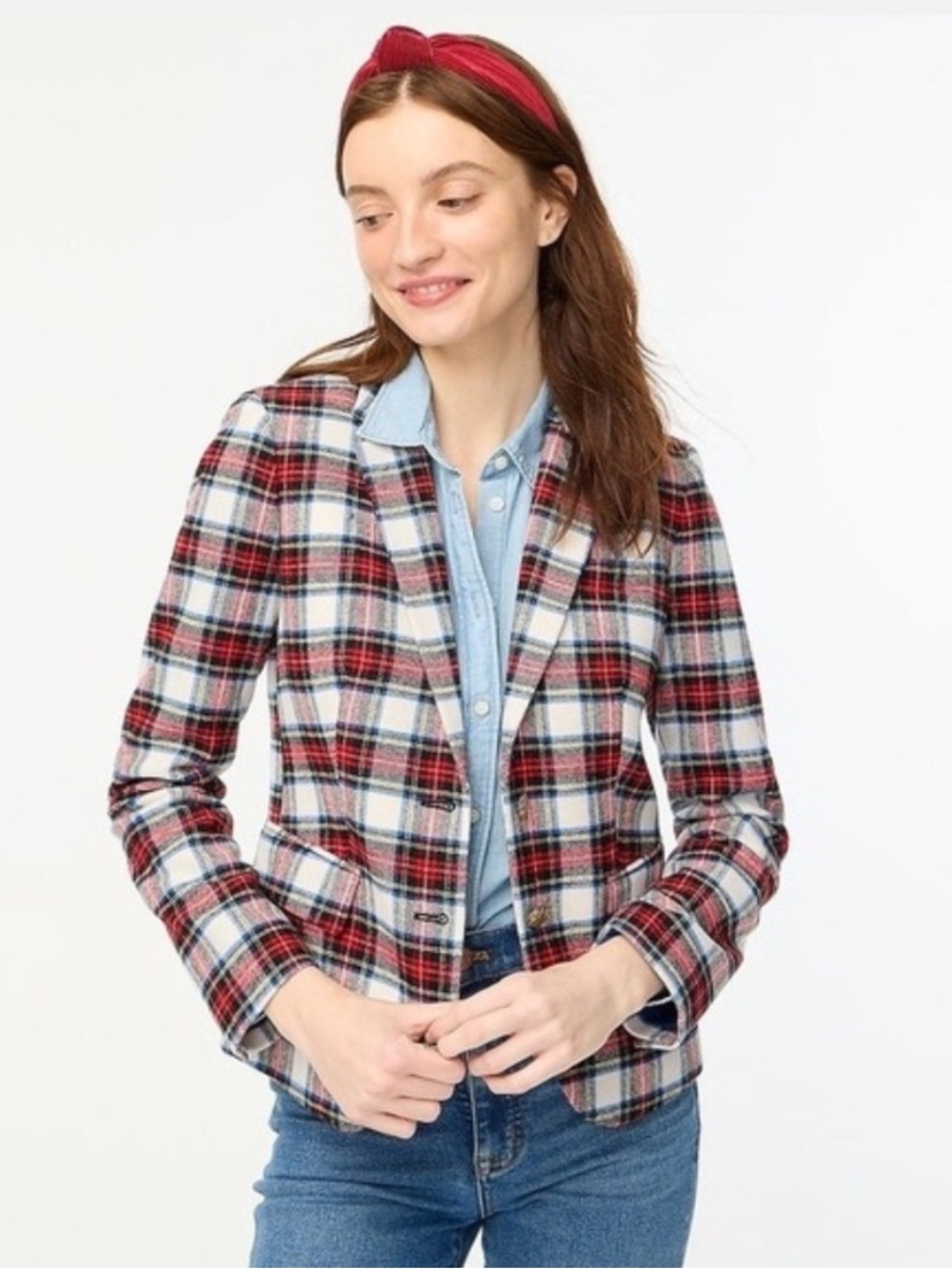 J. Crew Tartan Schoolboy Blazer Wool Red White Plaid Size 24